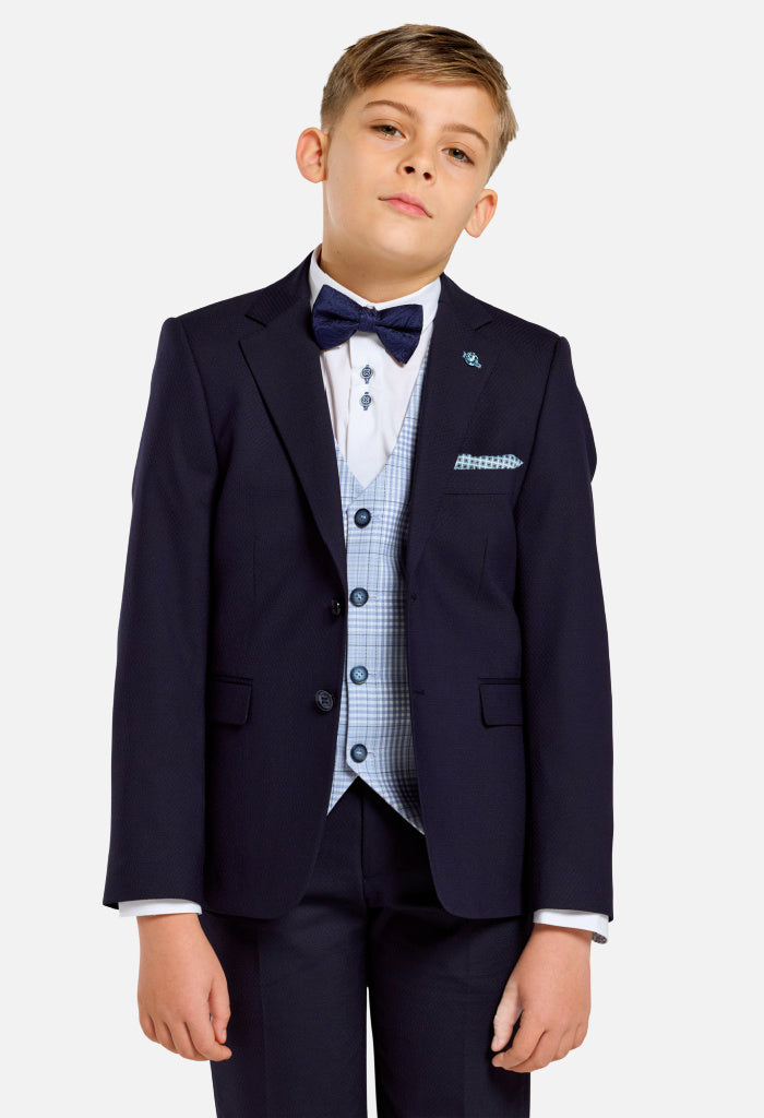 Benetti Boys Peter Petrol 3-Piece Suit - With Blue Check Waistcoat