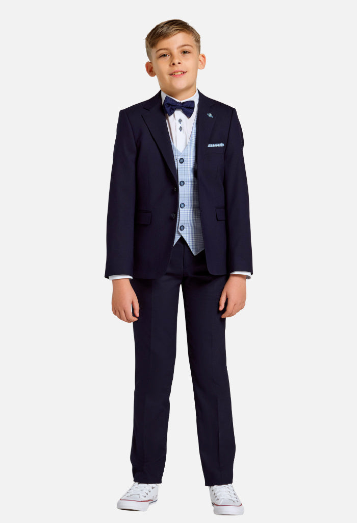 Benetti Boys Peter Petrol 3-Piece Suit - With Blue Check Waistcoat