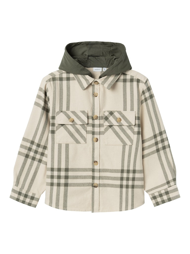 Name it Boys Hooded Check Overshirt Shacket - Tea Leaf