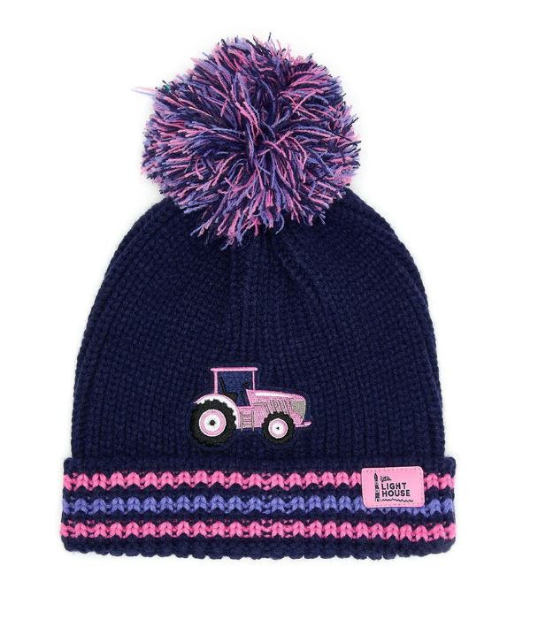 Lighthouse Girls Knit Bobble Hat - Pink Tractor