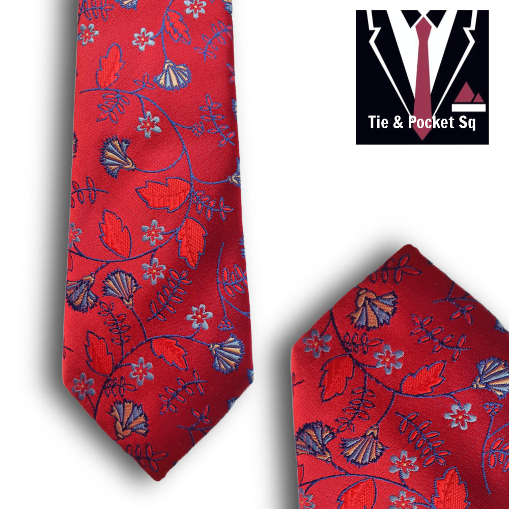 Zazzi Boys Floral Red Tie and Matching Pocket Square T6080-1