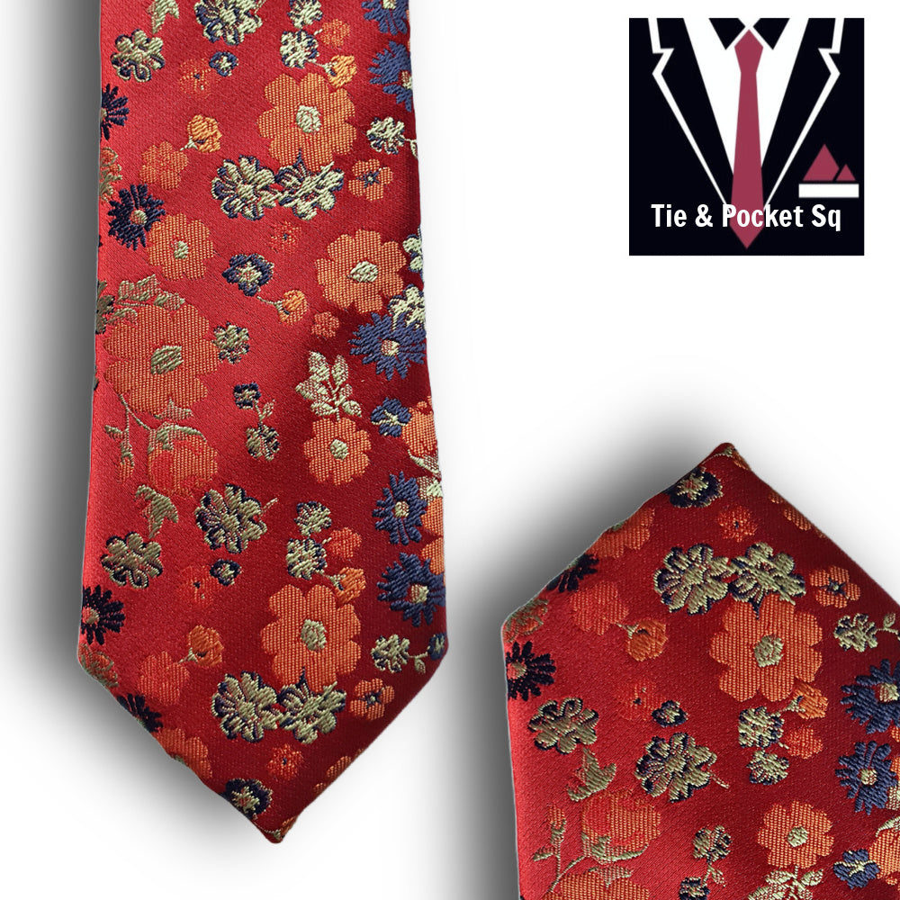 Zazzi Boys Floral Red Tie and Matching Pocket Square  T6082-10R