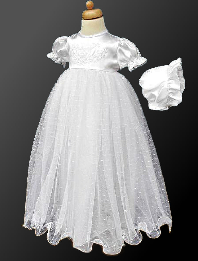 Girls White Christening Gown with Polka-Dot Tulle