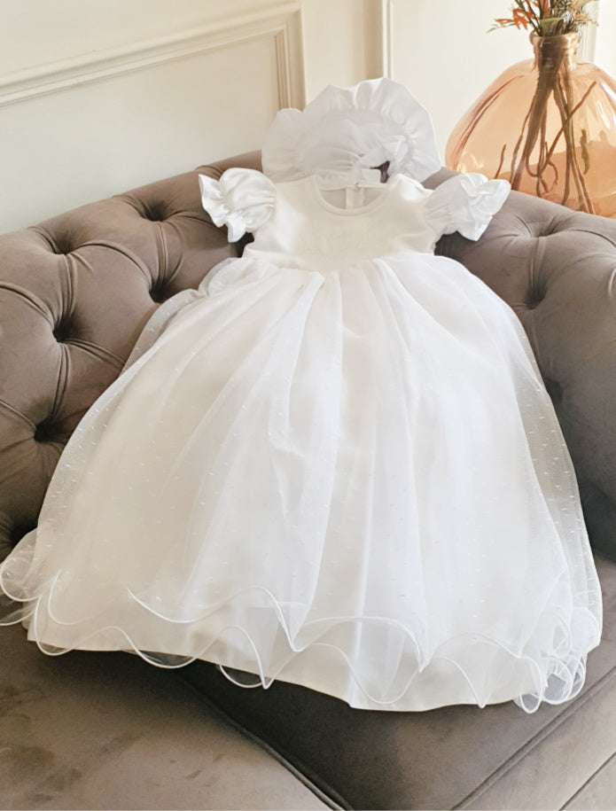 Girls White Christening Gown with Polka-Dot Tulle