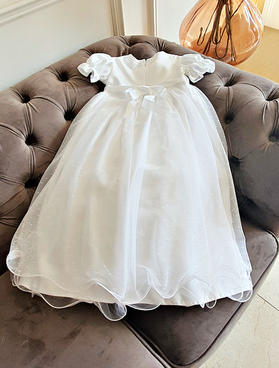 Girls White Christening Gown with Polka-Dot Tulle